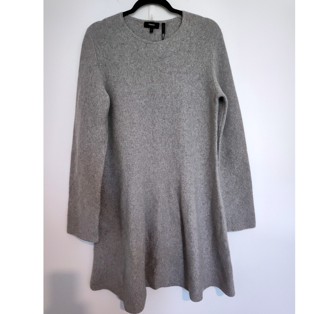Theory Flounce CN Dress Light Heather Grey Felted Wool Cashmere O1111710 New